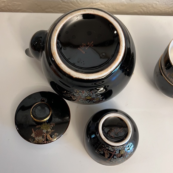 Vintage Japan Tea set black gilded floral bird teapot set with 5 gold trim cups - Picture 11 of 14